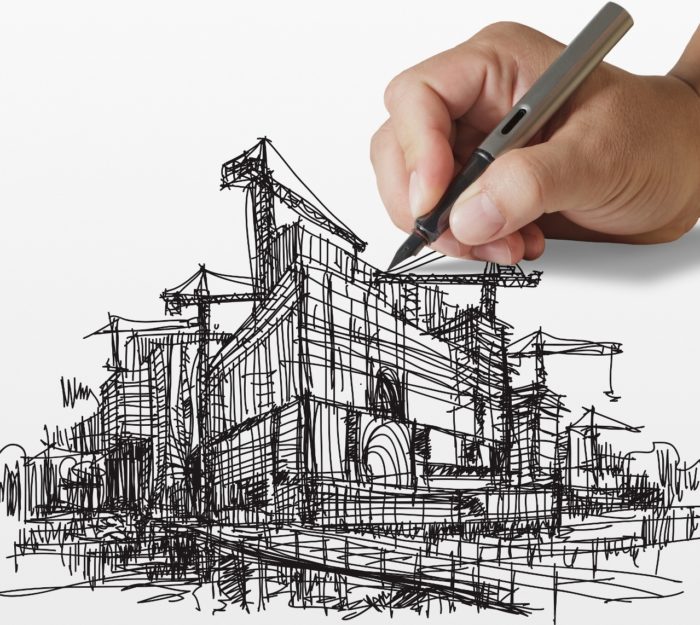 hand draws construction site on paper background